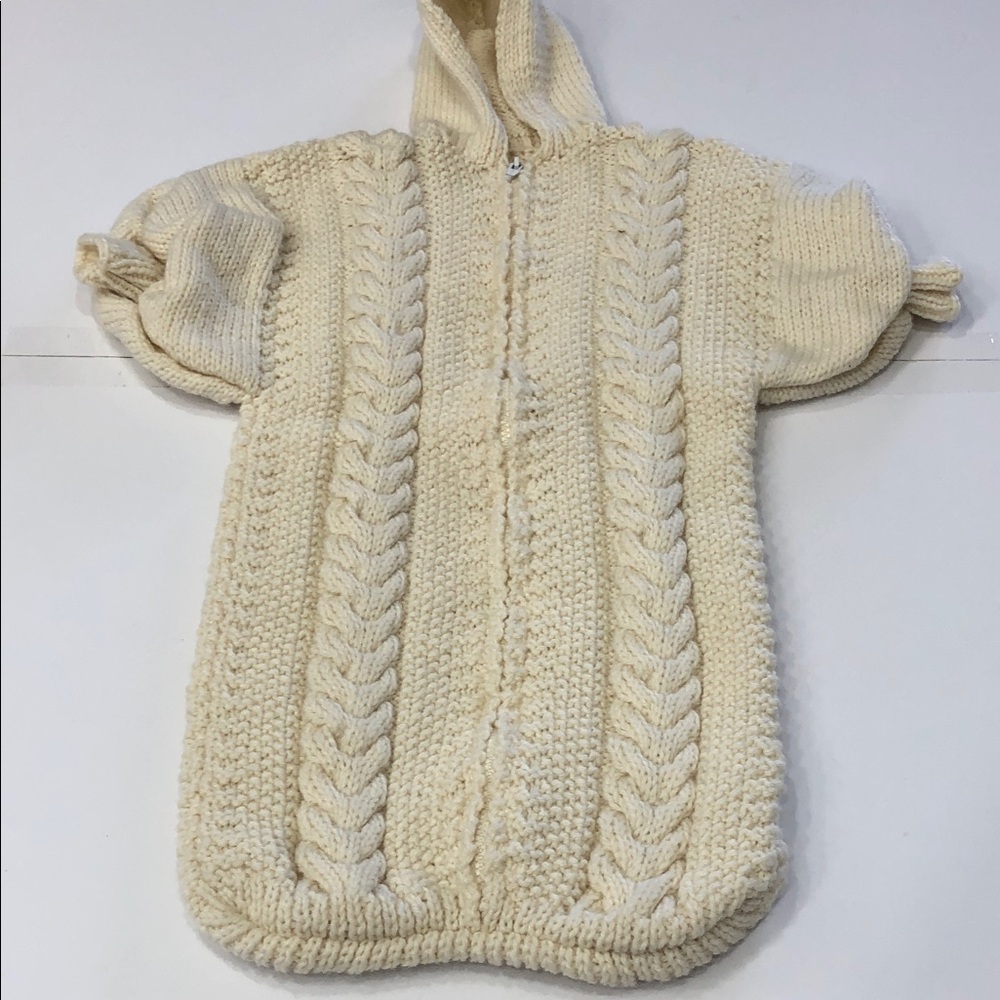 Cream Cable Knit Baby Bunting Bag – Hooded – Handmade– 3-6 Months